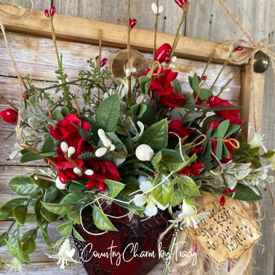 Primitive Country Tin Heart Floral Shadow Box Decor