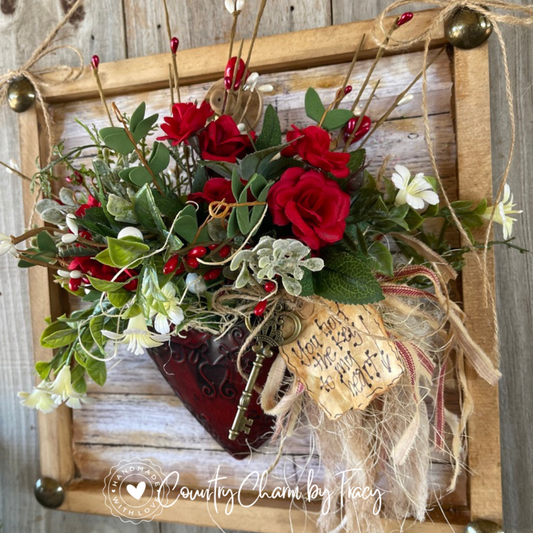 Primitive Country Tin Heart Floral Shadow Box Decor