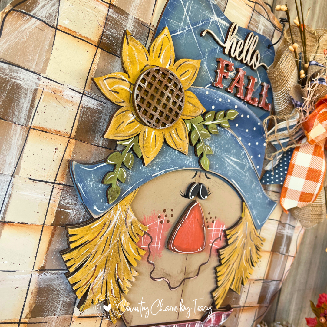 18" Scarecrow Door Hanger - Handpainted Fall Decor