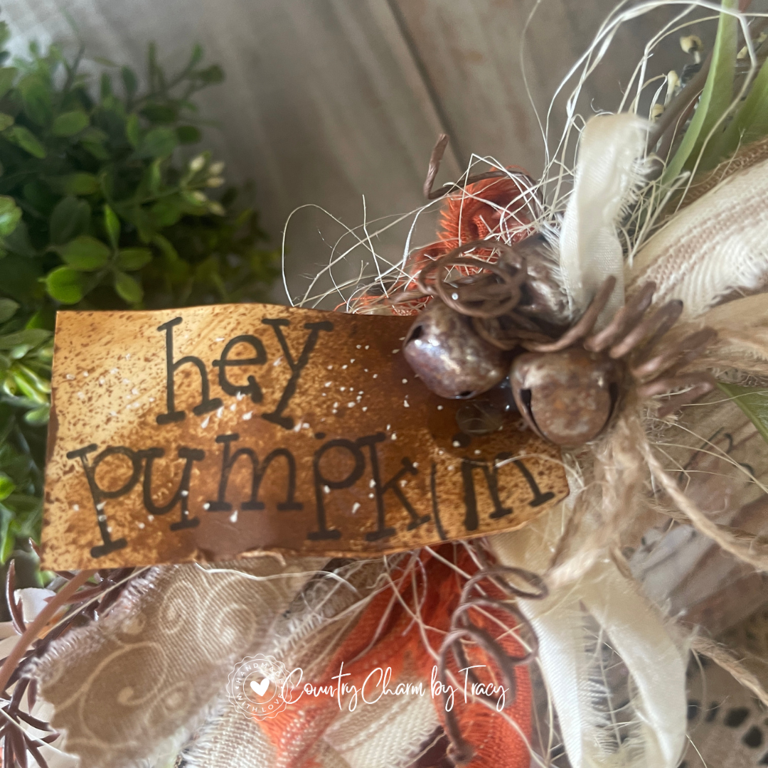 Hey Pumpkin fluffy orange cat 6x6 wood block decor with whimsical cat wildflower artwork distressed aged wood background cream lace orange ribbon bow rusty jingle bells and hey pumpkin tag by Country Charm by Tracy