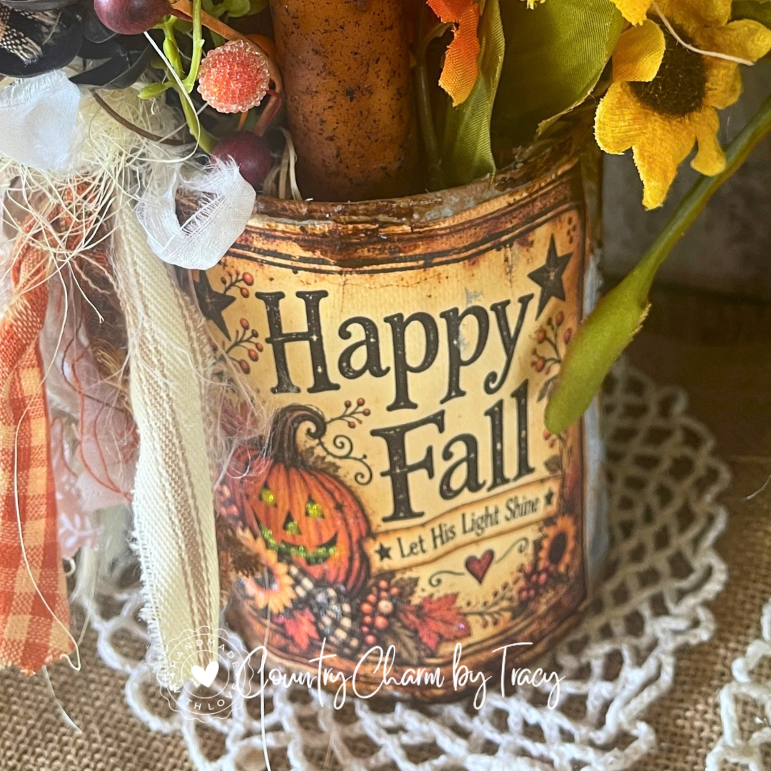 Happy Fall 3 Pumpkins Tin Can Decor β 4" with Primitive Candle