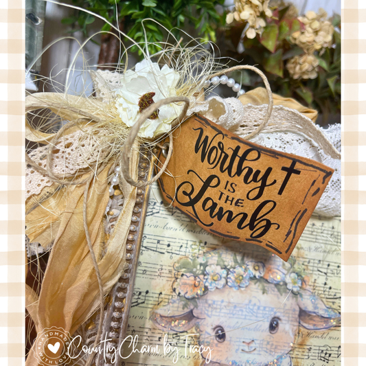 Handpainted 5x7 Frame with Sweet Lamb, Cross Tag & Rustic Bow | Shipping Included