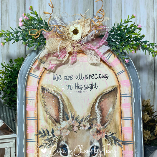 Vintage Floral Bunny Arch 18" – Handpainted by Tracy | One of a Kind | “All Are Precious in His Sight”