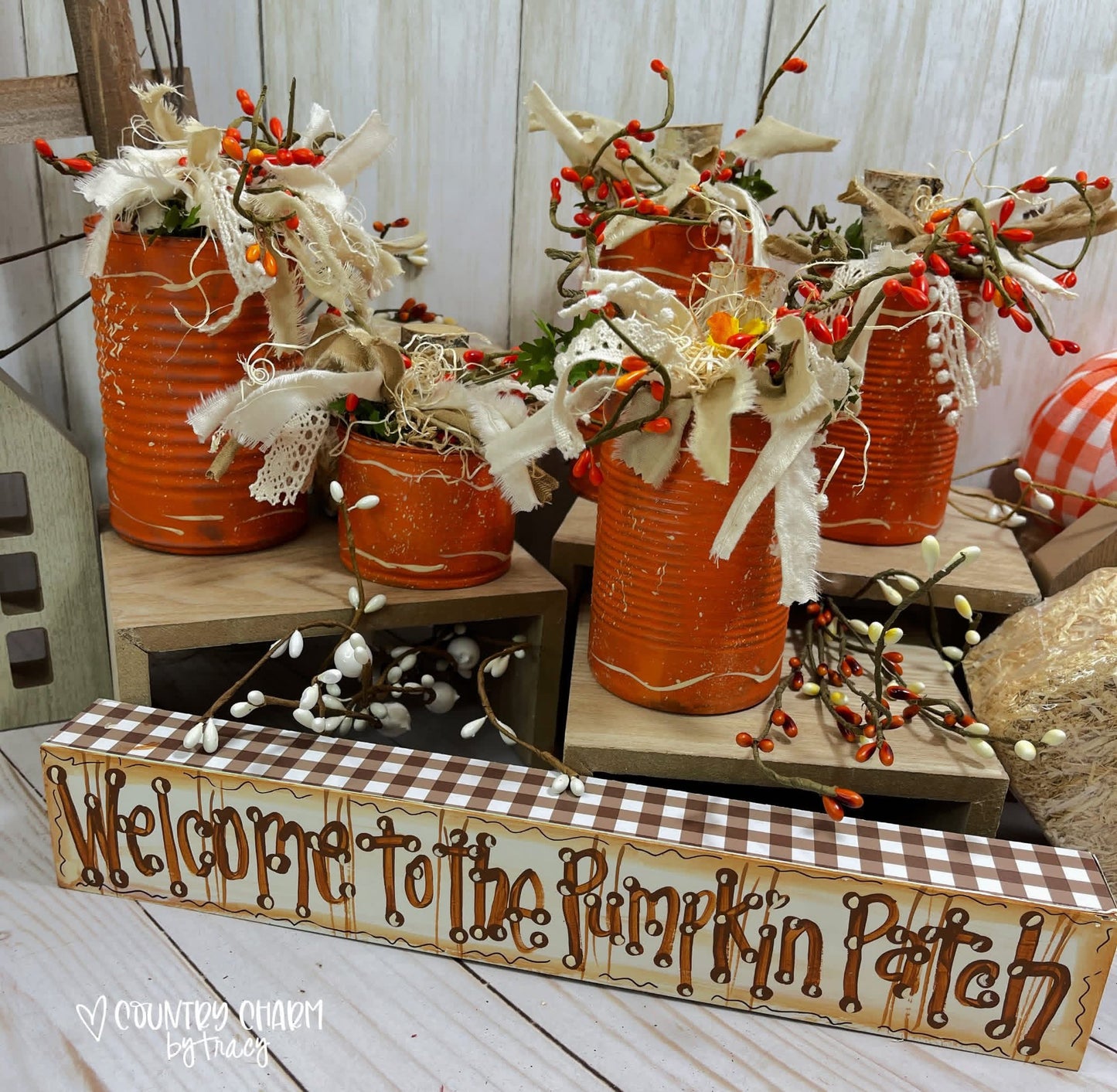 Welcome to the Pumpkin Patch - Set of 5 Tin Can Pumpkins with Hand-Lettered Sign