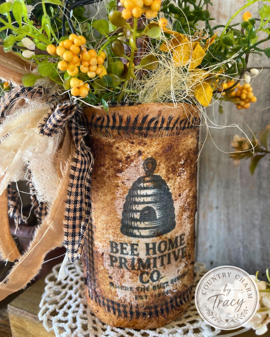 Primitive Country Bee Home Co. Grungy Can with Rustic Flickering Candle