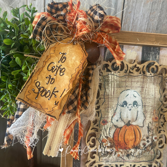 Whimsical Ghost with Pumpkin Wood Canvas Decor - Too Cute to Spook Tag!