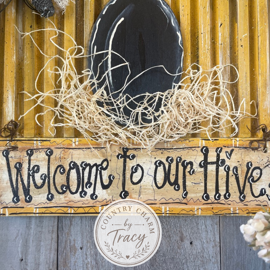 Welcome to Our Hive Wood Door Hanger Sign