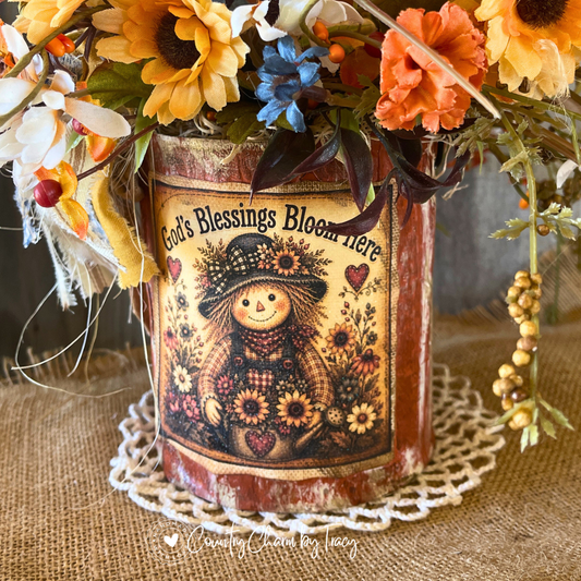 Autumn Blessings Tin Can Decor with Faux Candle | God's Blessings Bloom Here | Handcrafted Primitive Farmhouse Fall Decor