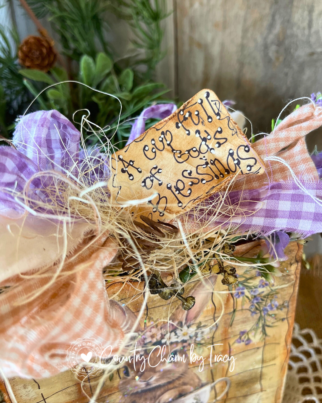 A Cup Full of God’s Blessings Bunny Teacup Block Shelf Sitter #6– FREE SHIPPING