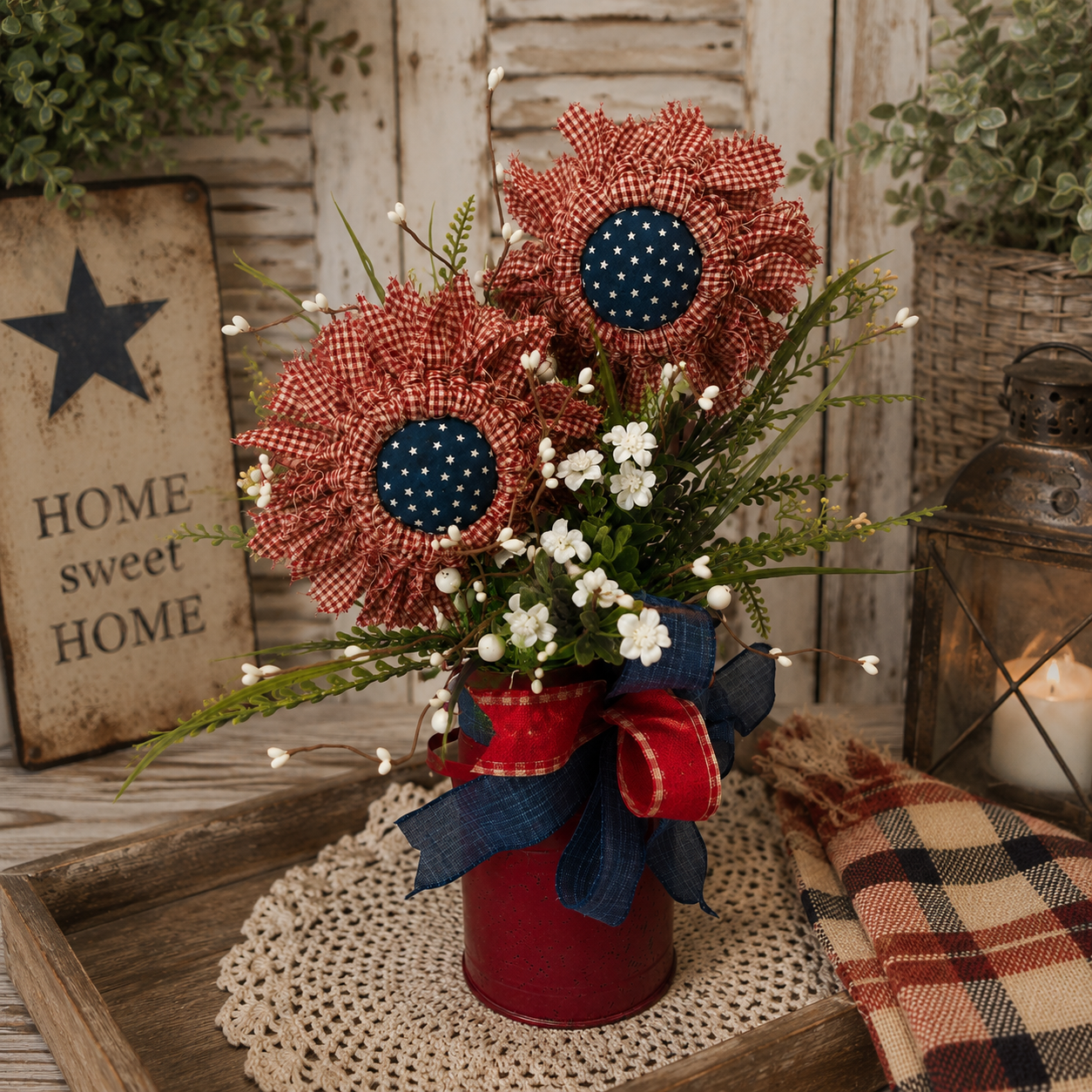 Patriotic Fabric Flowers in Milk Can - 22 Inch Red White and Blue Americana Floral Arrangement