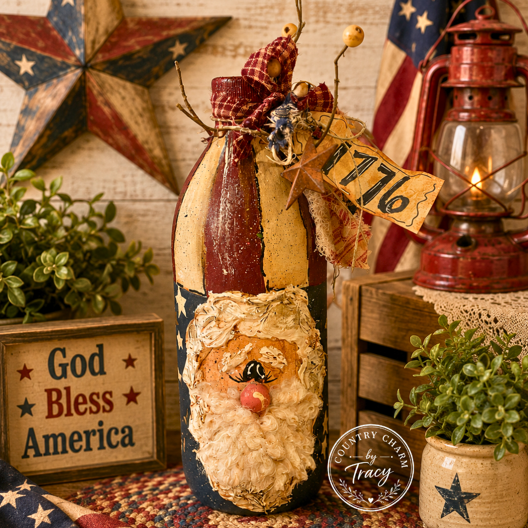Uncle Sam Hand-Painted Vinegar Bottle 1776 - 32 oz Heavy Glass Primitive Americana Decor