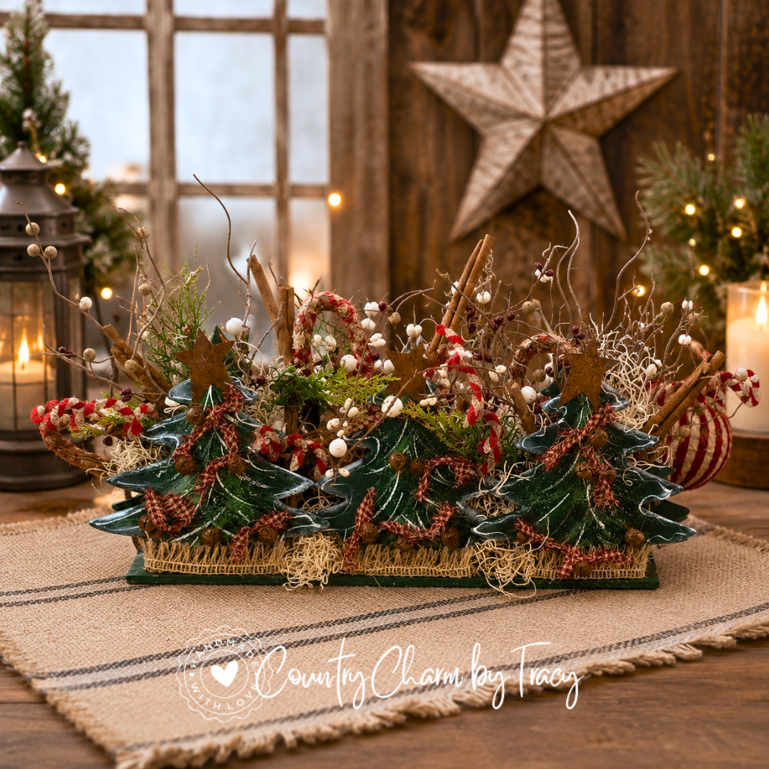 Country Christmas Tree Wood Decor - Hand-Painted Double-Sided Primitive Farmhouse Centerpiece | Free Shipping in USA