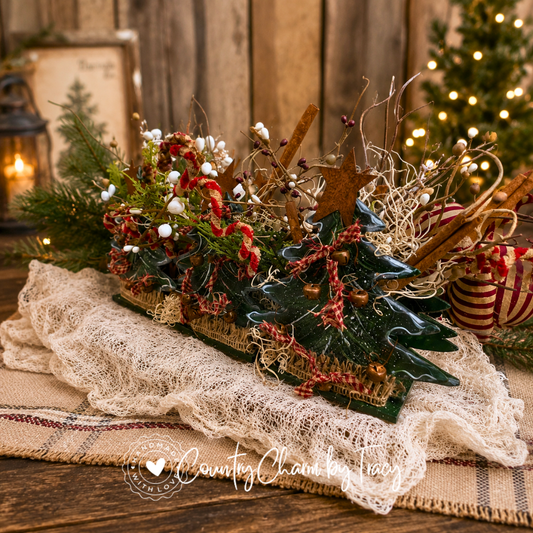 Country Christmas Tree Wood Decor - Hand-Painted Double-Sided Primitive Farmhouse Centerpiece | Free Shipping in USA