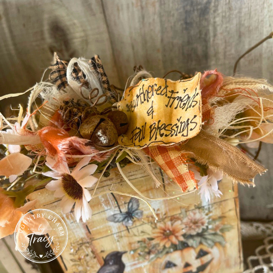 Feathered Friends and Fall Blessings 5x5 Wood Block Decor - Primitive Halloween Shelf Sitter