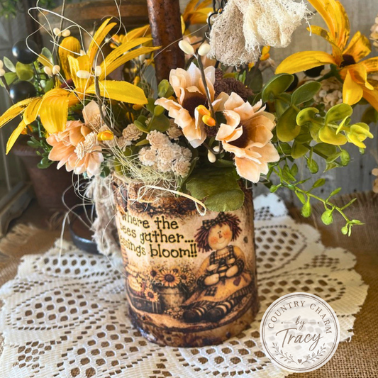 Primitive Country Bee Can with Grungy Faux Candle