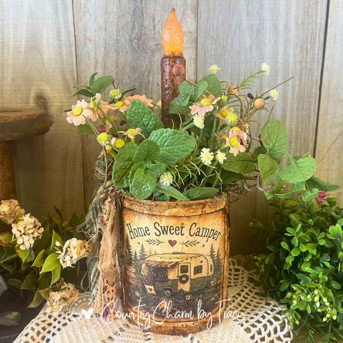 Home Sweet Camper Tin Can Decor with Faux Candle Light | Handcrafted Primitive Farmhouse Camping Decor