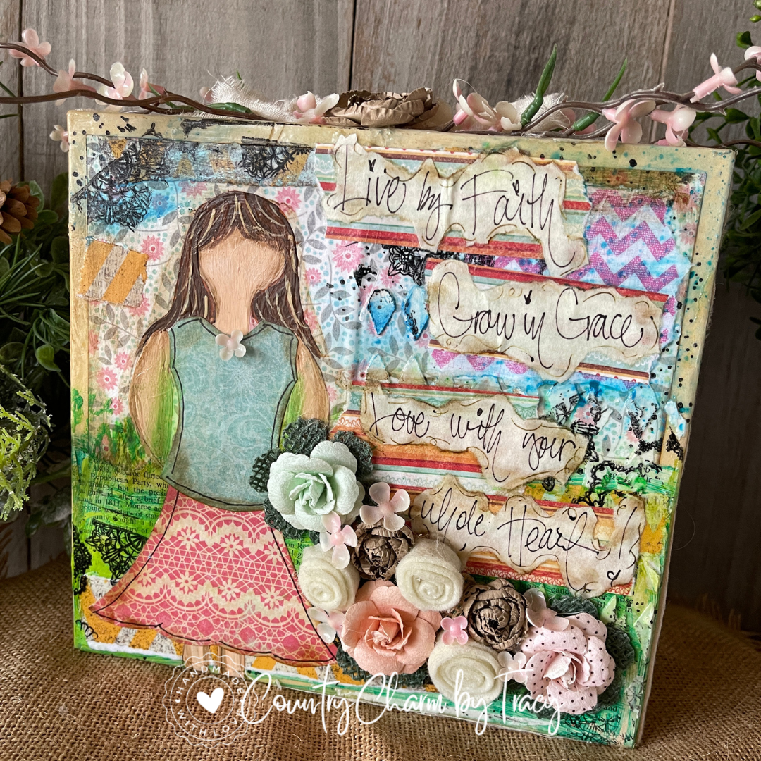 Live by Faith Grow in Grace -Mixed Media Inspirational Block Shelf Sitter | Original Paper Pieced Art