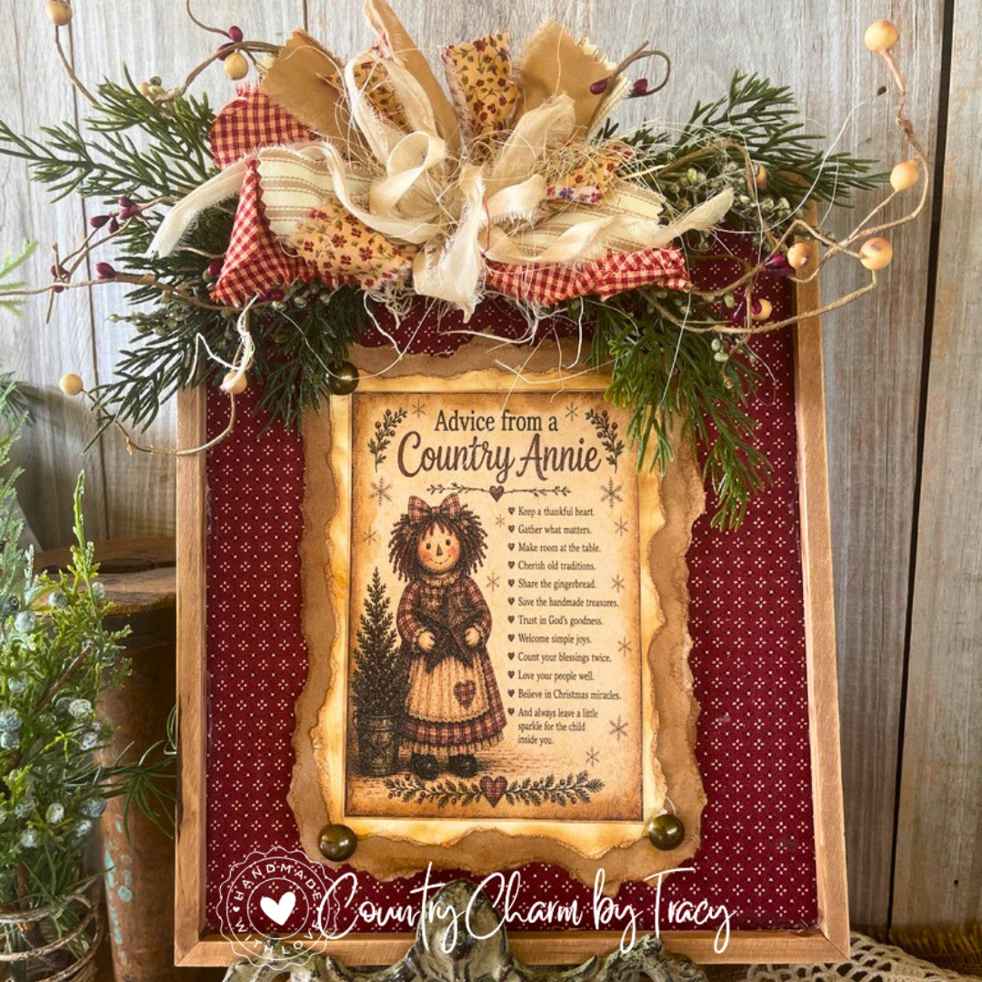 Primitive Country Annie Wood Frame Decor - Dark Red Homespun Fabric