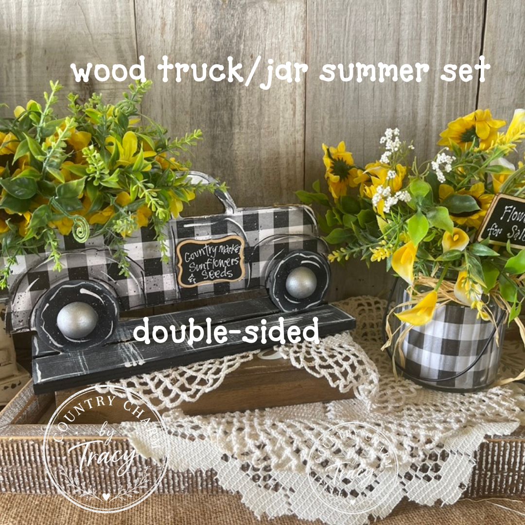 Buffalo Check Summer Truck and Jar Set - Double-Sided Wood Truck with Sunflower Floral Arrangement