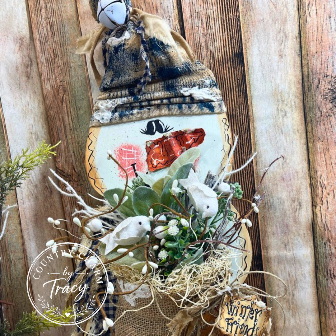 Winter Friends Snowman with Burlap Bag - Hand-Painted Primitive Shelf Sitter Leaner