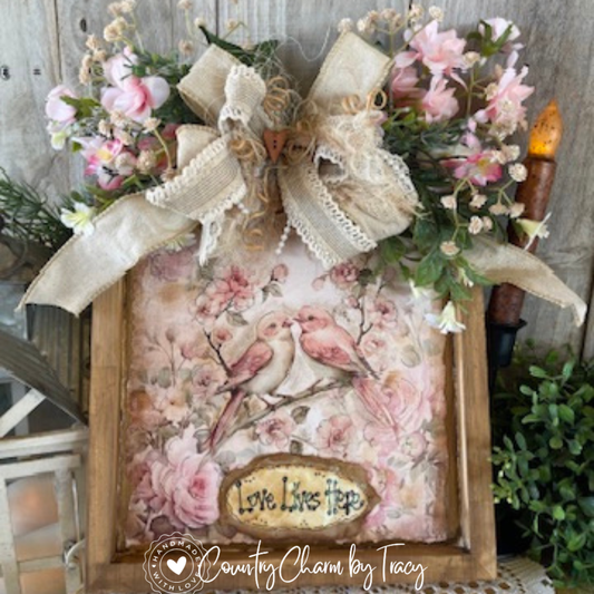 “Love Lives Here” Love Birds Cottage Garden Framed Decor – 10x10