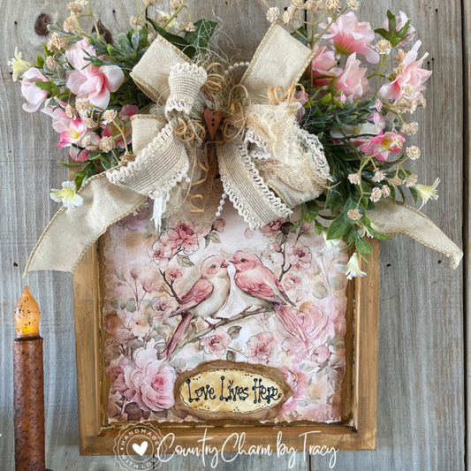 “Love Lives Here” Love Birds Cottage Garden Framed Decor – 10x10