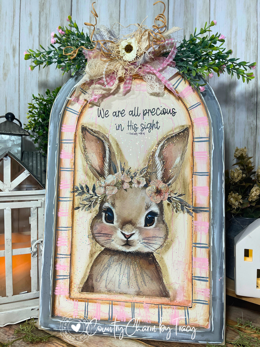Vintage Floral Bunny Arch 18" – Handpainted by Tracy | One of a Kind | “All Are Precious in His Sight”
