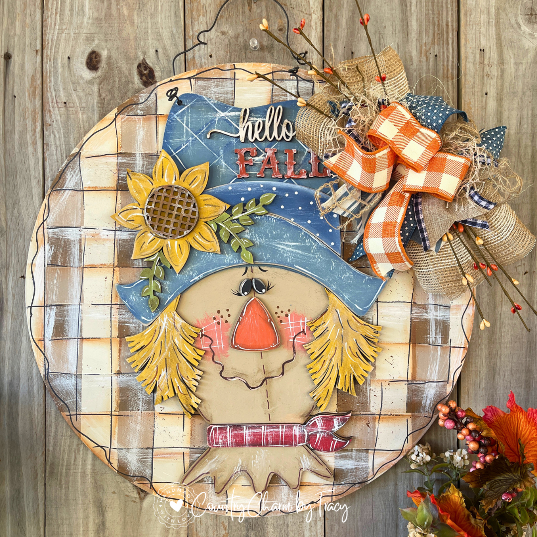 18" Scarecrow Door Hanger - Handpainted Fall Decor