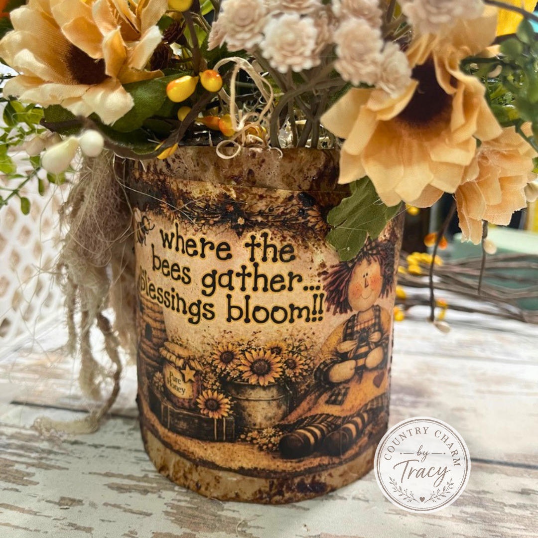 Grungy Bee Can with Florals and Rustic Candle