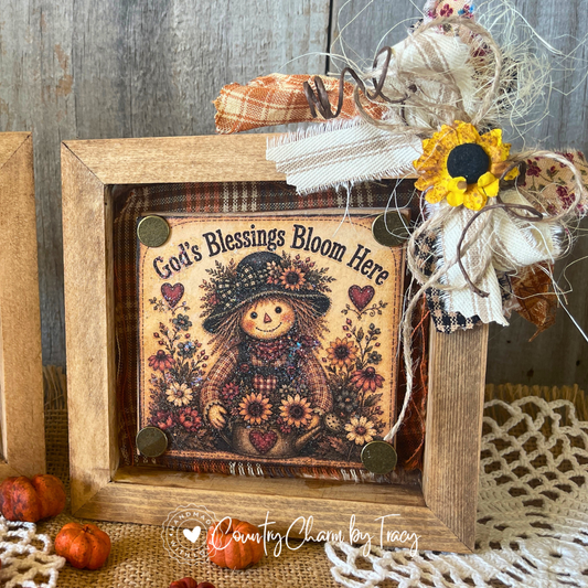 God's Blessings Bloom Here - 5x5 Wood Shadow Box Block #2 Decor | Handcrafted Primitive Farmhouse Fall Decor