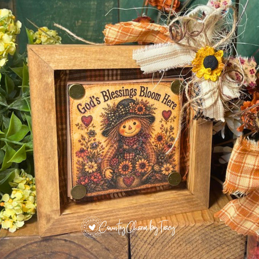 God's Blessings Bloom Here - 5x5 Wood Shadow Box Block #2 Decor | Handcrafted Primitive Farmhouse Fall Decor