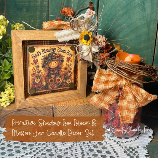 God's Blessings Bloom Here - 5x5 Wood Shadow Box Block #2 Decor | Handcrafted Primitive Farmhouse Fall Decor