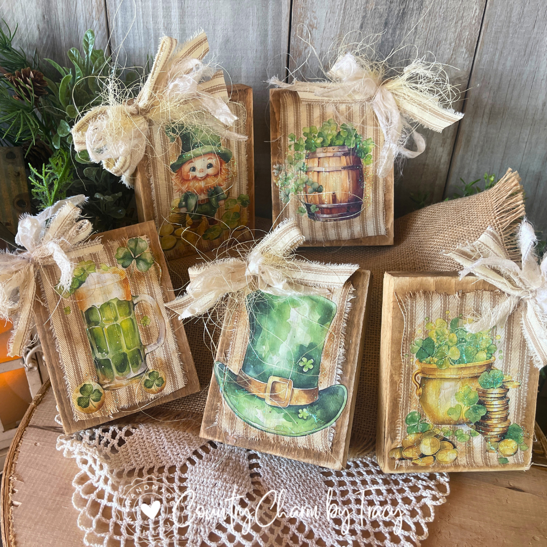 Lucky Little Things Mini Block Set – Set of 5 | Rustic St. Patrick’s Day Shelf Sitters