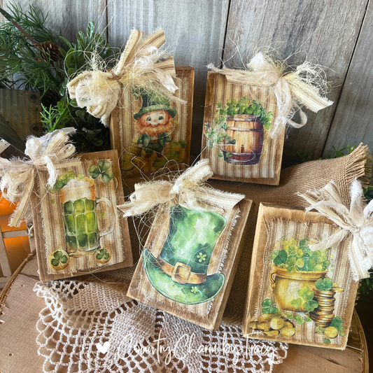 Lucky Little Things Mini Block Set – Set of 5 | Rustic St. Patrick’s Day Shelf Sitters