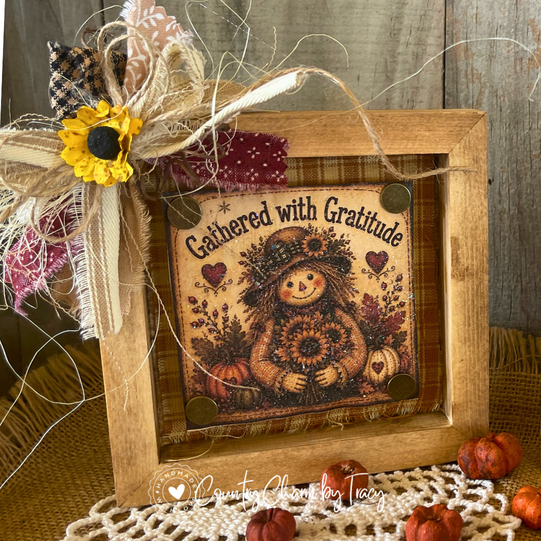 Gathered with Gratitude - 5x5 Wood Shadow Box #3 Block Decor | Handcrafted Primitive Farmhouse Fall Decor