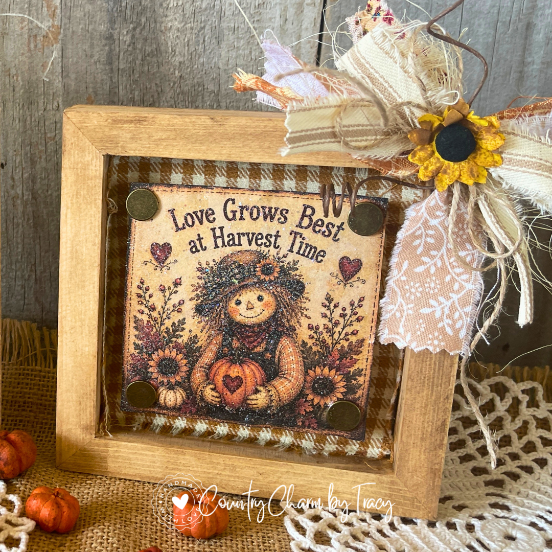 Love Grows Best at Harvest Time - 5x5 Wood Shadow Box Block #4 Decor | Handcrafted Primitive Farmhouse Fall Decor