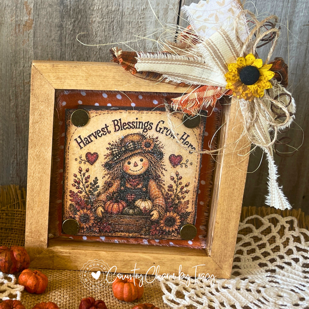 Harvest Blessings Grow Here - 5x5 Wood Shadow Box Block #6 Decor | Handcrafted Primitive Farmhouse Fall Decor