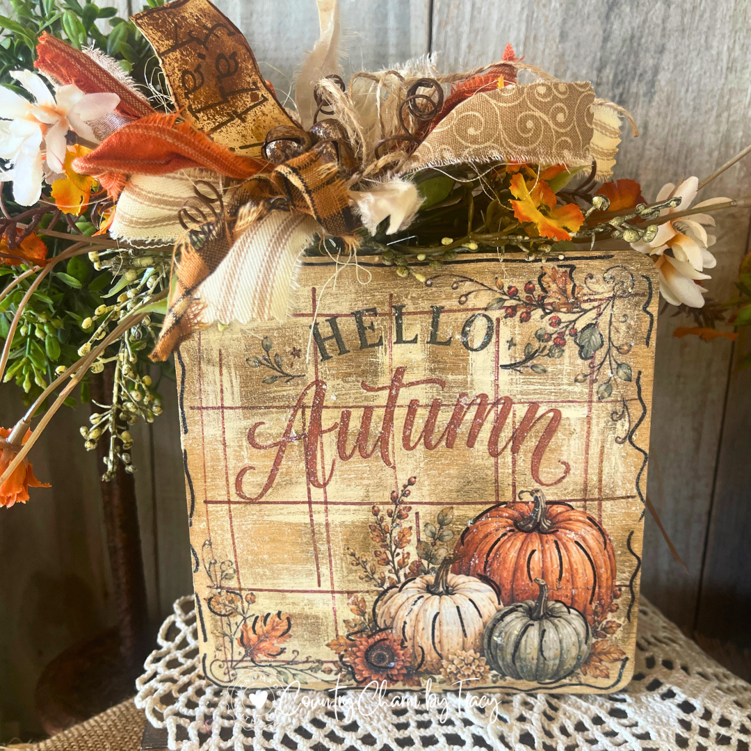 Hello Autumn pumpkin trio 6x6 wood block decor with distressed plaid background orange cream sage pumpkins autumn botanicals brown scroll cream ribbon bow rusty jingle bells and fall yall tag by Country Charm by Tracy