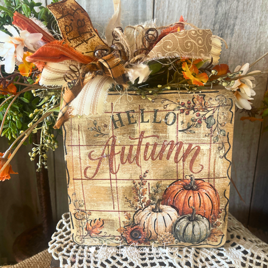 Hello Autumn pumpkin trio 6x6 wood block decor with distressed plaid background orange cream sage pumpkins autumn botanicals brown scroll cream ribbon bow rusty jingle bells and fall yall tag by Country Charm by Tracy