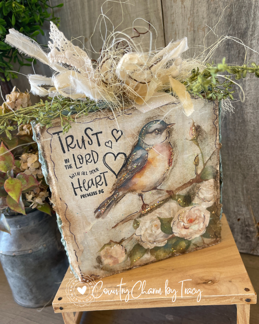 Bluebird Shelf Sitter – Trust in The Lord – Handcrafted 6x6 Solid Wood Block