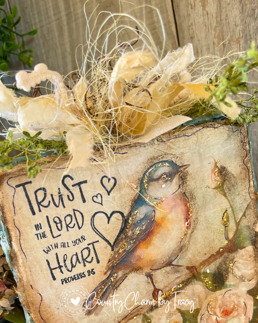 Bluebird Shelf Sitter – Trust in The Lord – Handcrafted 6x6 Solid Wood Block