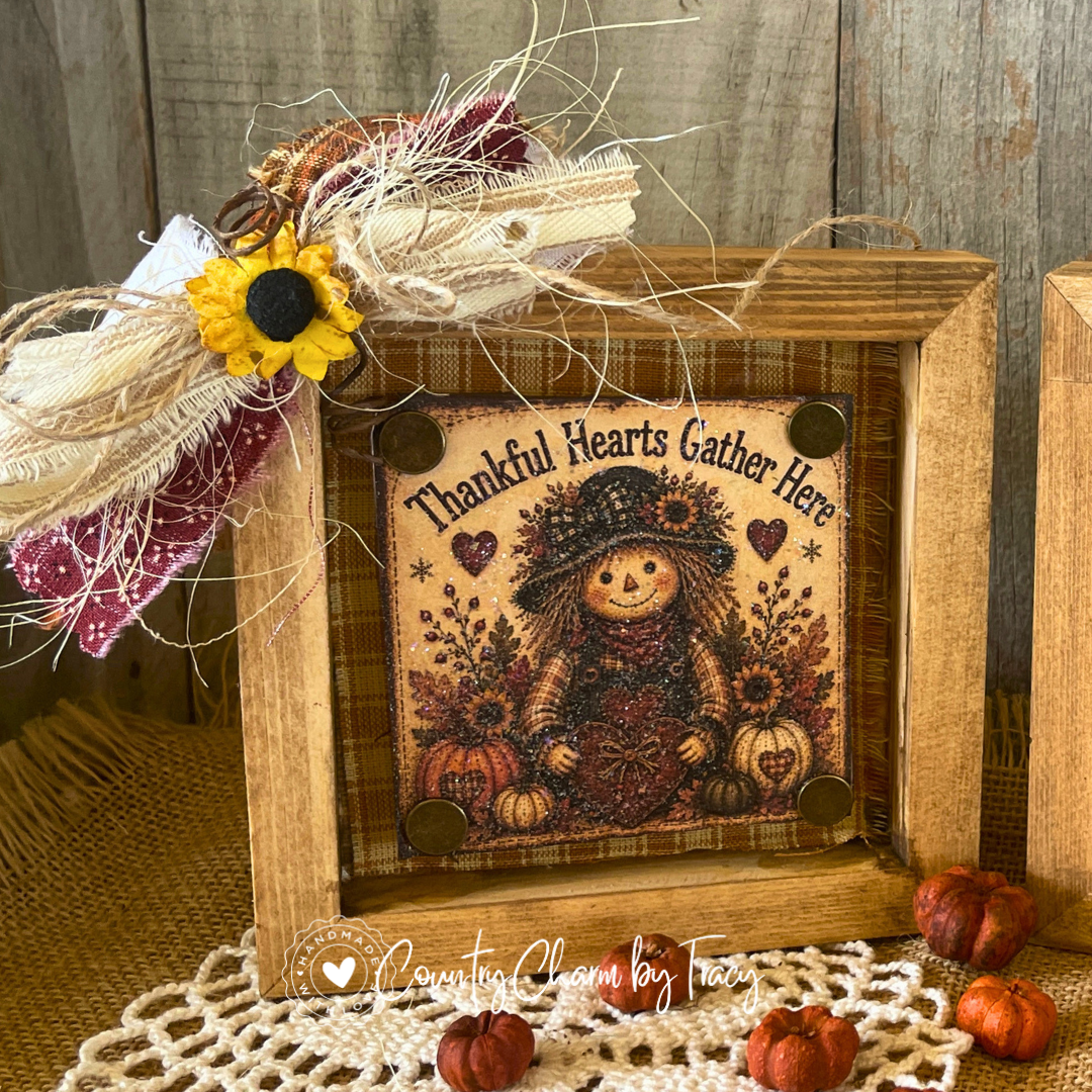 Thankful Hearts Gather Here - 5x5 Wood Shadow Box Block #7 Decor | Handcrafted Primitive Farmhouse Fall Decor