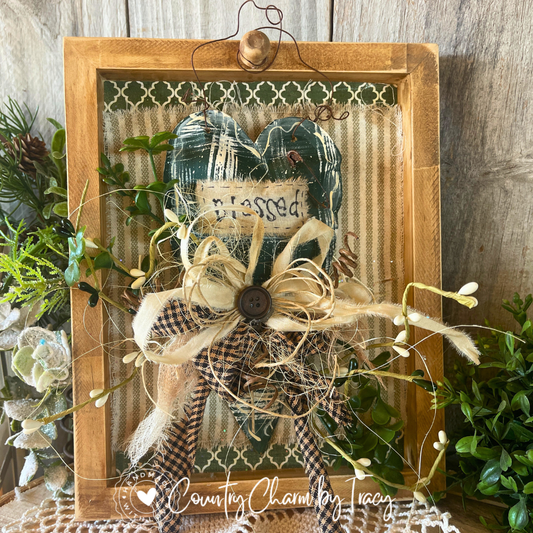 Primitive Country Vintage Green Heart Shadow Box Decor