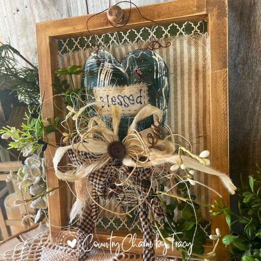 Primitive Country Vintage Green Heart Shadow Box Decor