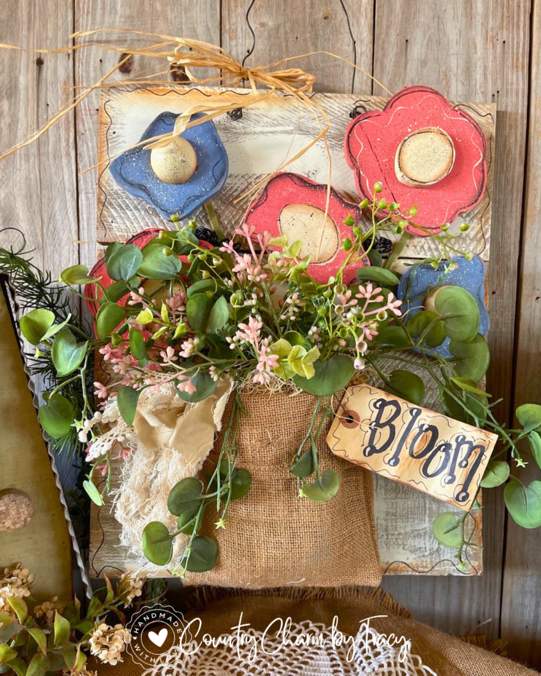BLOOM Rustic Fence Board Floral Wall Hanging – One of a Kind – FREE SHIPPING