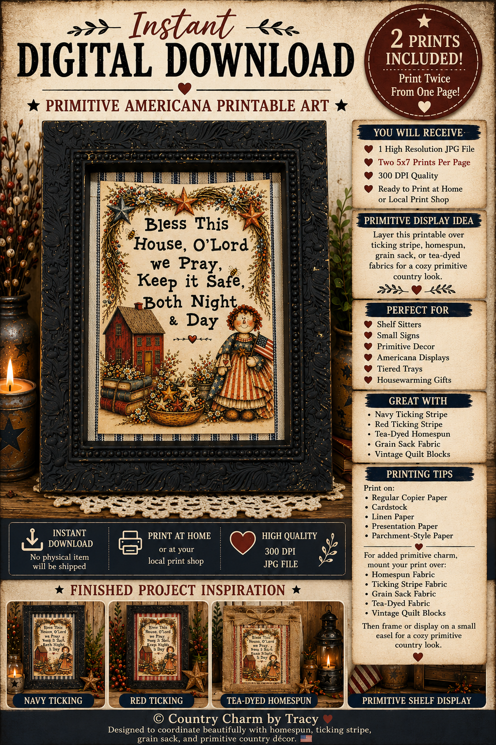 Bless This House O Lord We Pray - America Annie Primitive Printable Art - 5X7 PDF