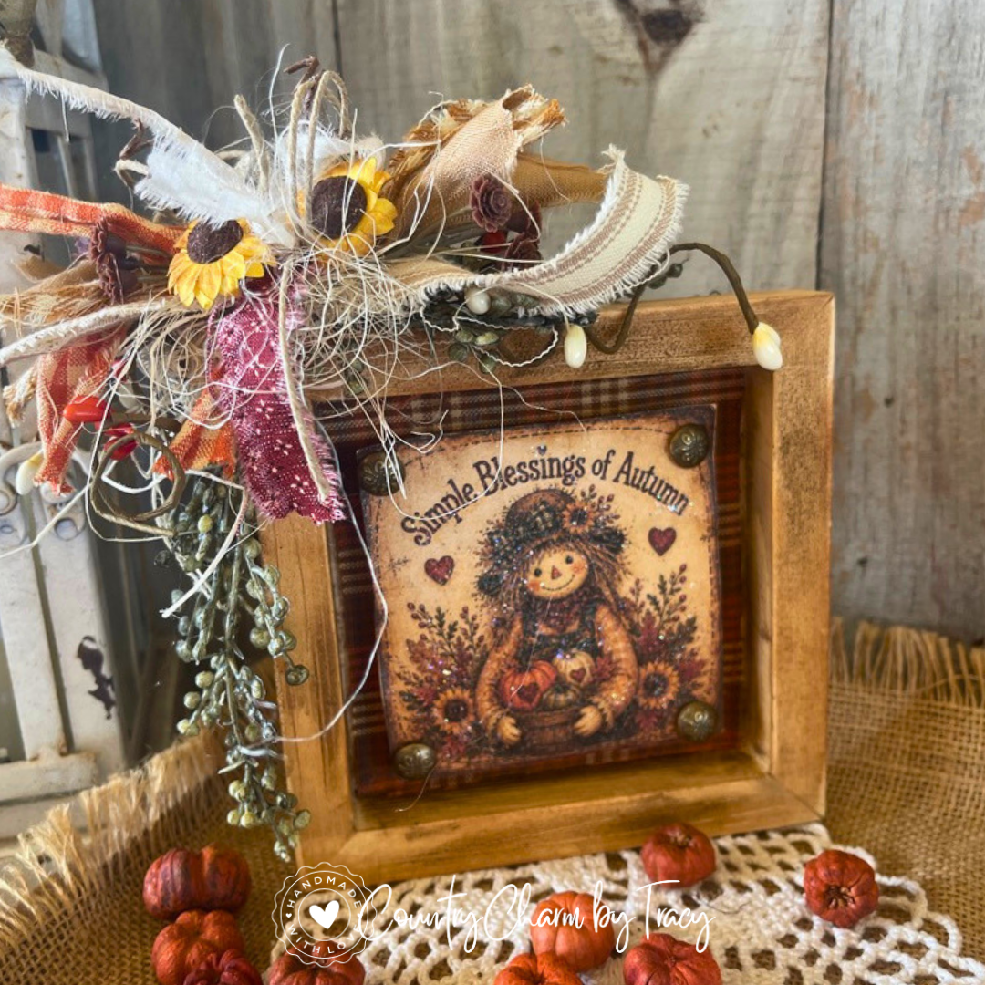 Simple Blessings of Autumn - Decorated 5x5 Primitive Shadow Box Block Decor | Handcrafted by Tracy