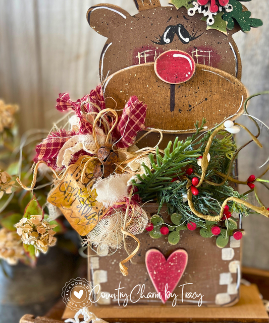 Hand Painted Prim Reindeer Pocket Shelf Sitter | Rustic Primitive Christmas Décor by Tracy