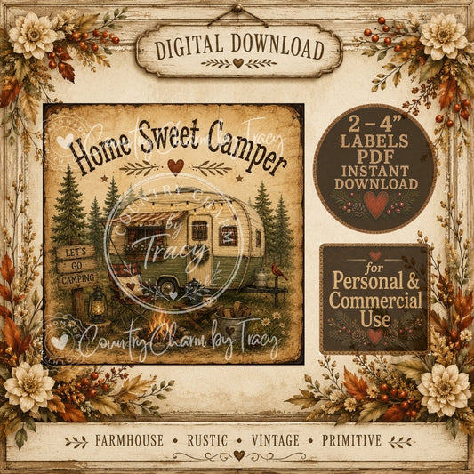 Home Sweet Camper - 4 Inch Label | 2 Labels Included | Instant PDF Download | Farmhouse Rustic Camping Decor
