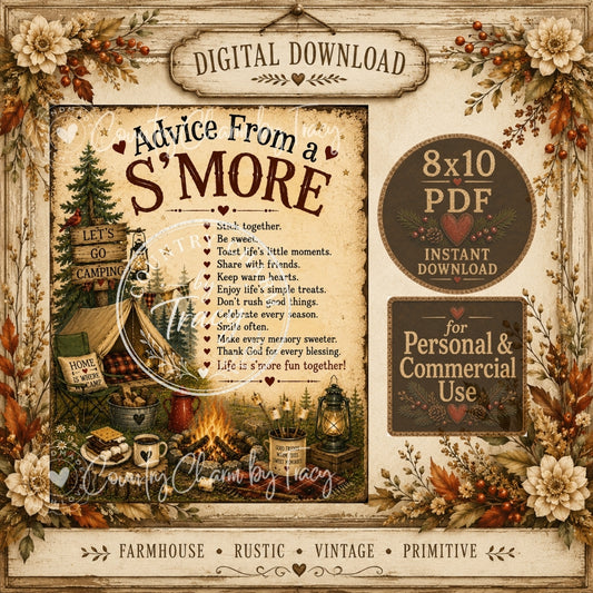 Advice from a S'more - 8x10 PDF Printable | Instant Download | Farmhouse Rustic Camping Decor